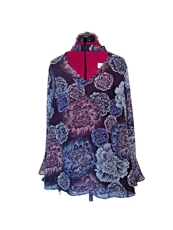 Zac & Rachel Tops - Zac & Rachel Woman 1X Blouse Choker V Neck Bell Sleeve Floral Sheer Top Lined